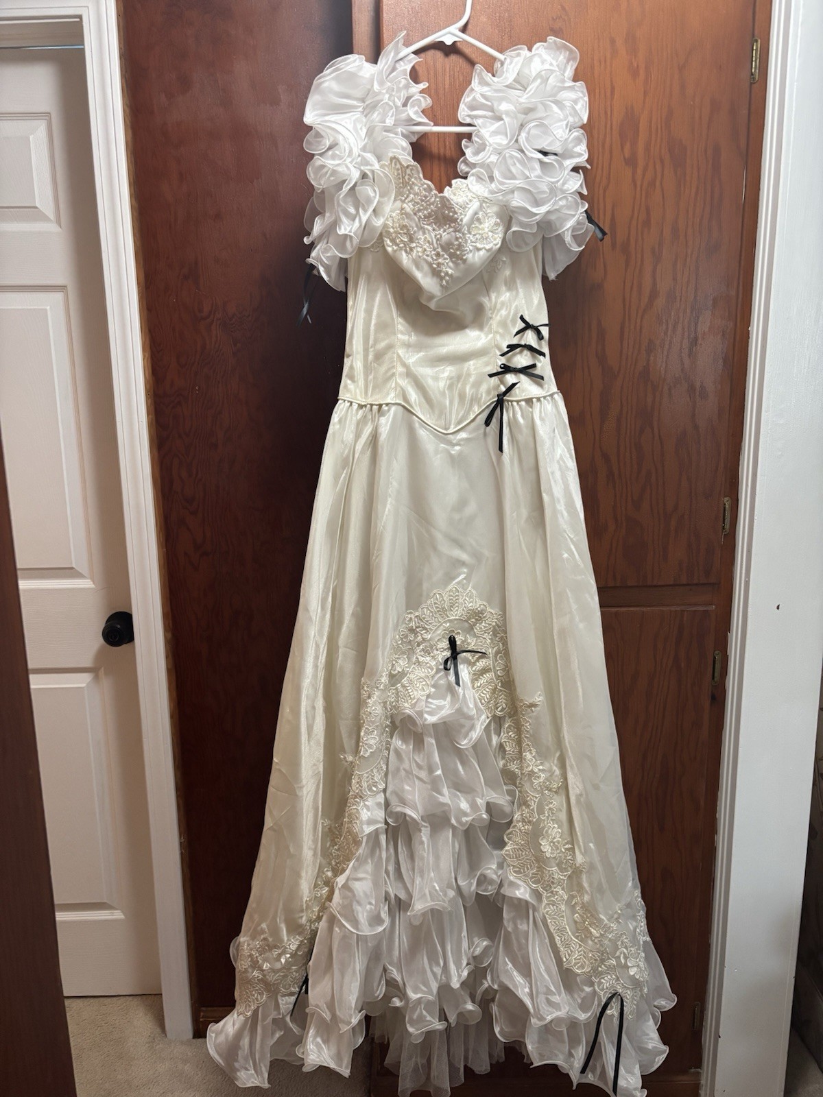 Vintage Size 8 Wedding Gown With Ruffled Sleeves, Tiered Skirt, Black Ribbons