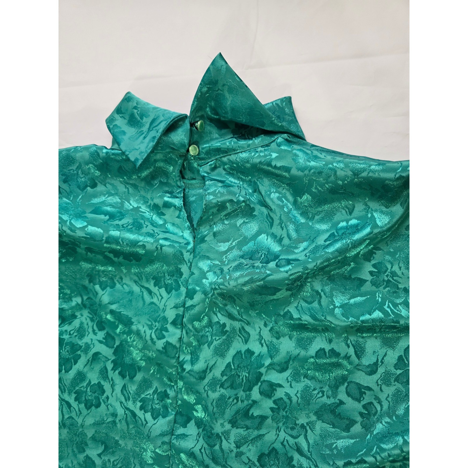 Cindy Collins Vintage Emerald Green Floral Jacquard Mock Neck Blouse Large USA