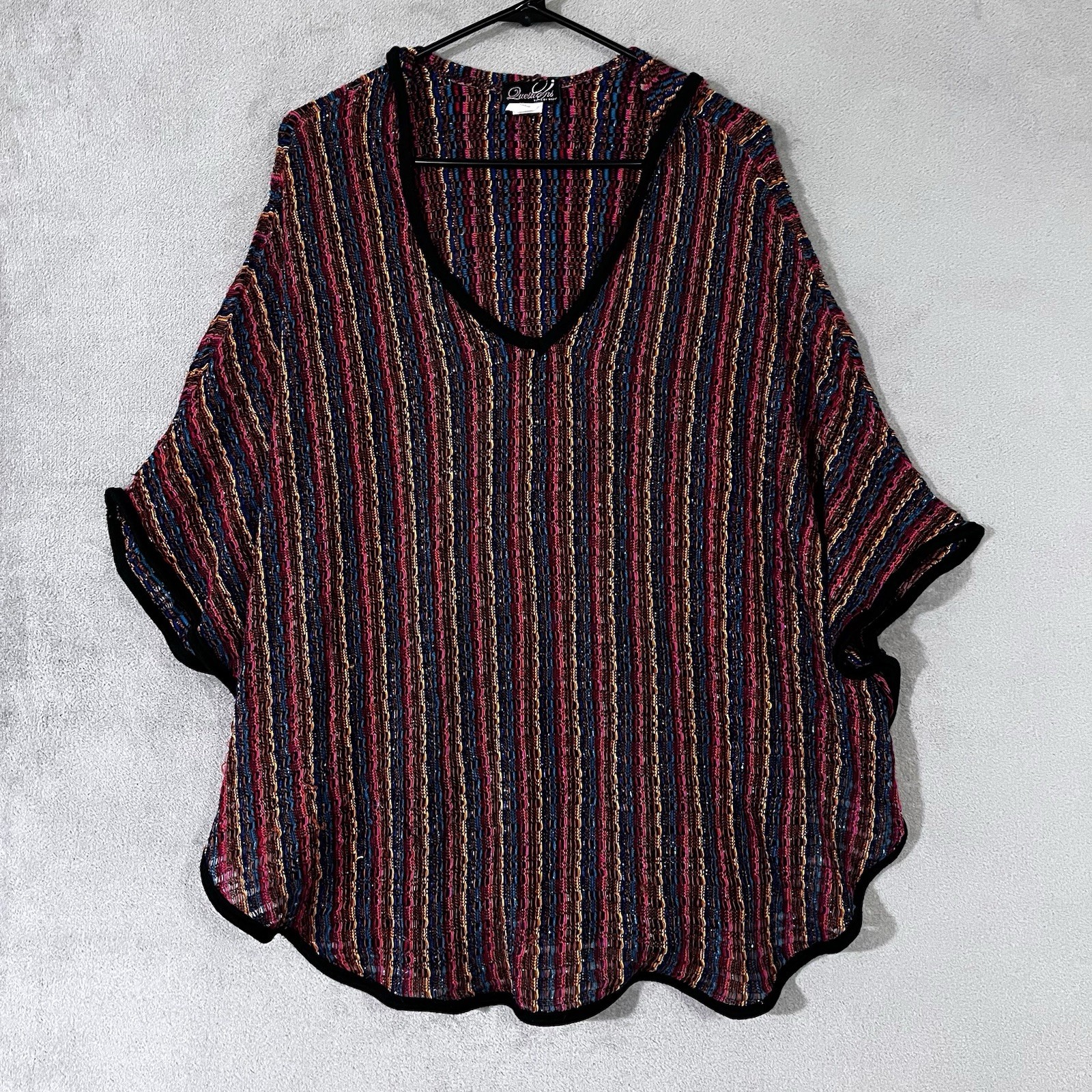SAY WHAT? CROCHET SHAWL CARDIGAN Women XL HIPPIE Festive Colors Metallic Vtg