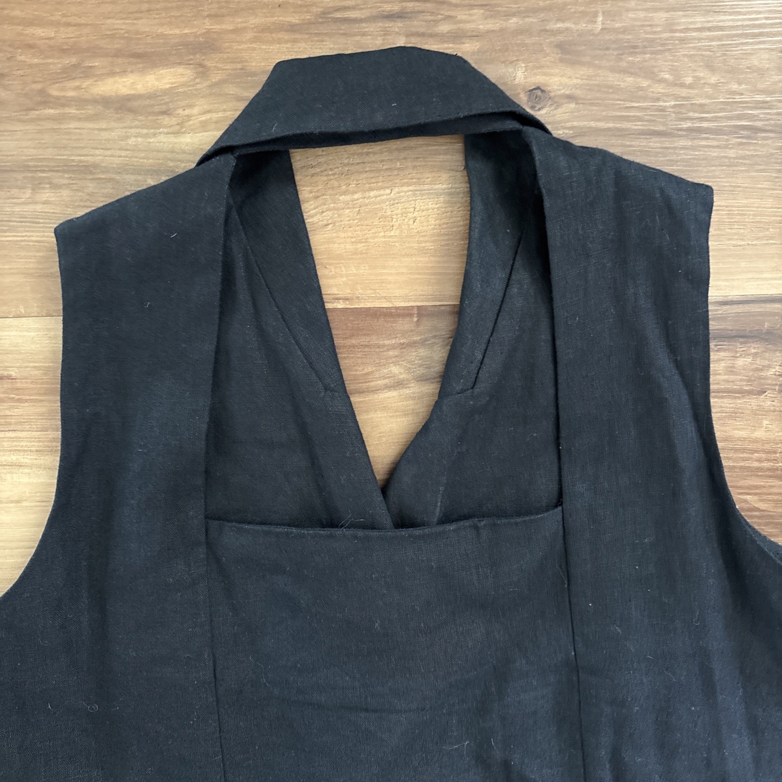 Vtg 90s Linen Blend Black Collared Sleeveless Mother Of Pearl Maxi Dress Size 14
