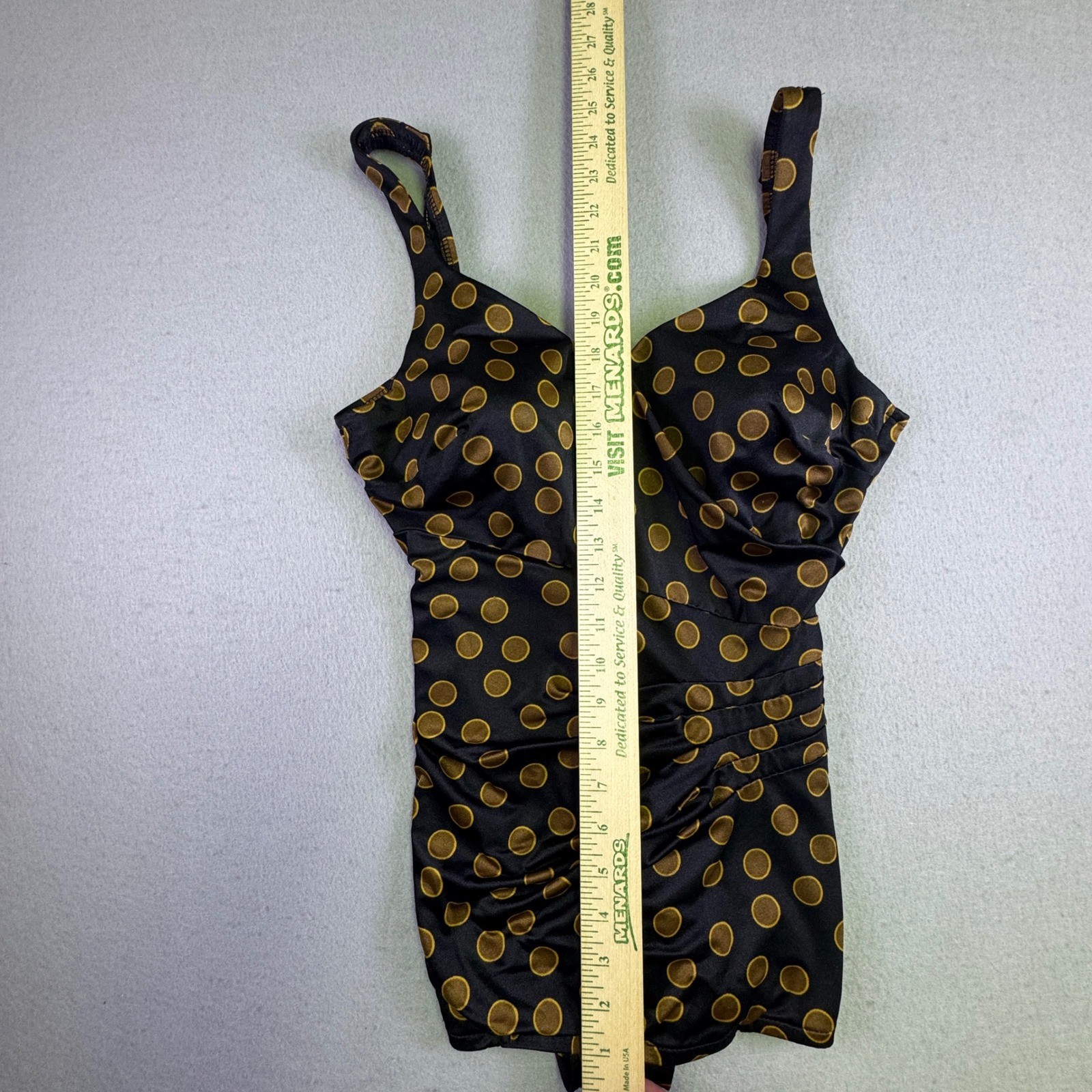 Maxine of Hollywood Vintage Swimsuit Black Gold Polka Dot Ruched One Piece USA