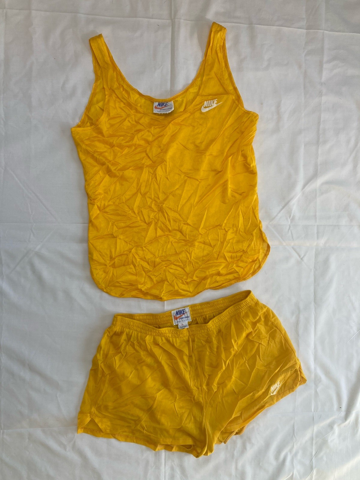 VTG 1970s 80s Nike Sports Wear Tank Top Shorts Set Womens Large Yellow USA Made