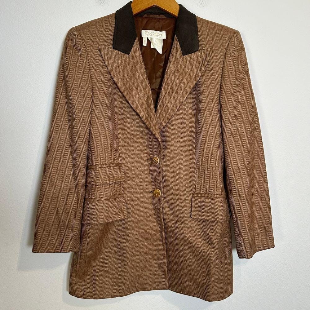 Escada Cashmere Silk Brown Herringbone Blazer Gold Button Suede Vintage Sz 34 S
