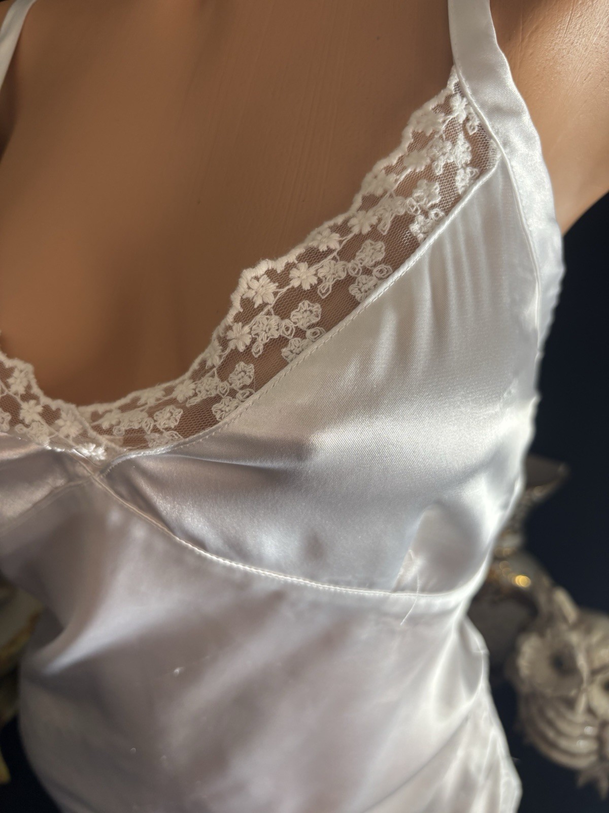 VTG Satin Soft WEDDING WHITE Cami TOP BLOUSE NIGHTEI FRILLY CD camisole