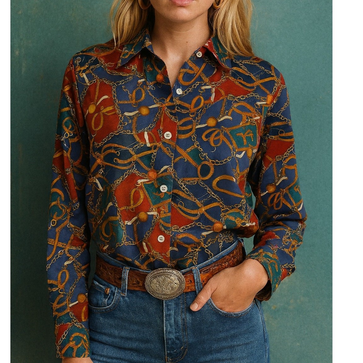 Vintage 1990s Equestrian Chain Horse Rider Blouse Solemare Maus & Hoffman S