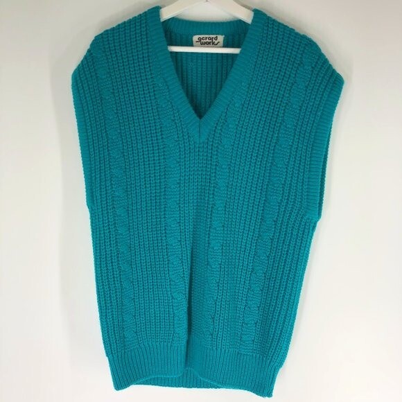 Vintage Womens Teal Turquoise Chunky Preppy Sweater Vest Gerard Works Large