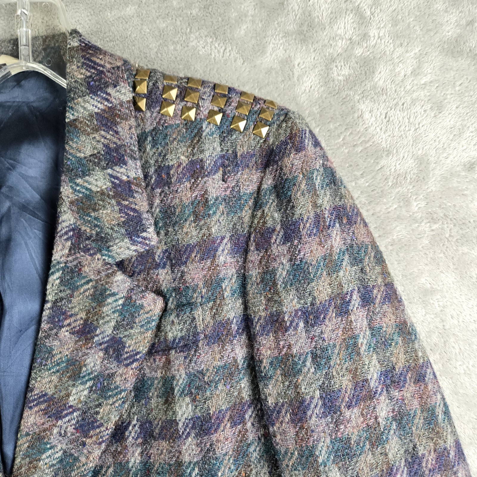 Vintage Laura Caspari Jacket Women Gray Purple Green Houndstooth 100% Welsh Wool