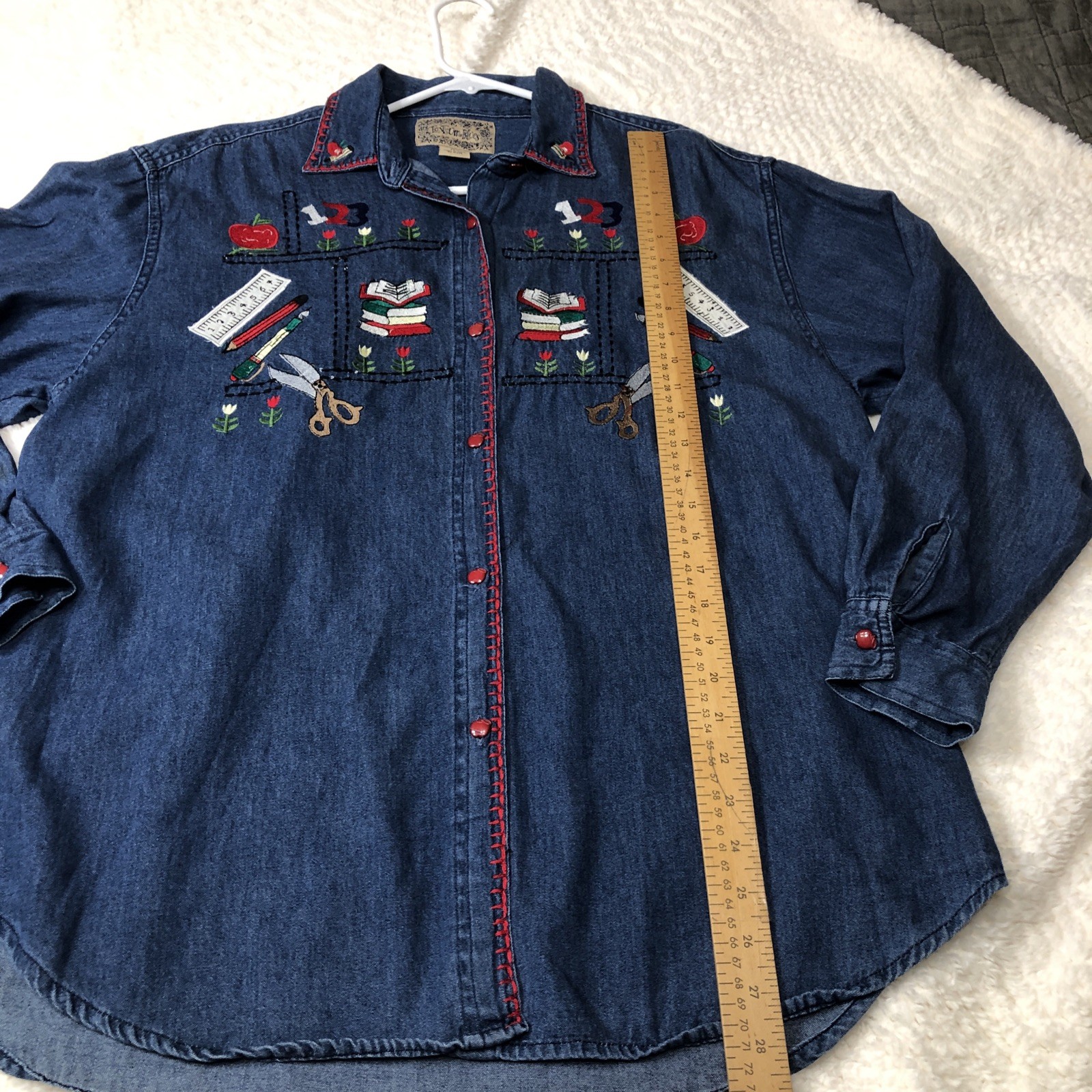 Vtg Denim Shirt Women’s Large Embroidered Elementary School Class Teacher