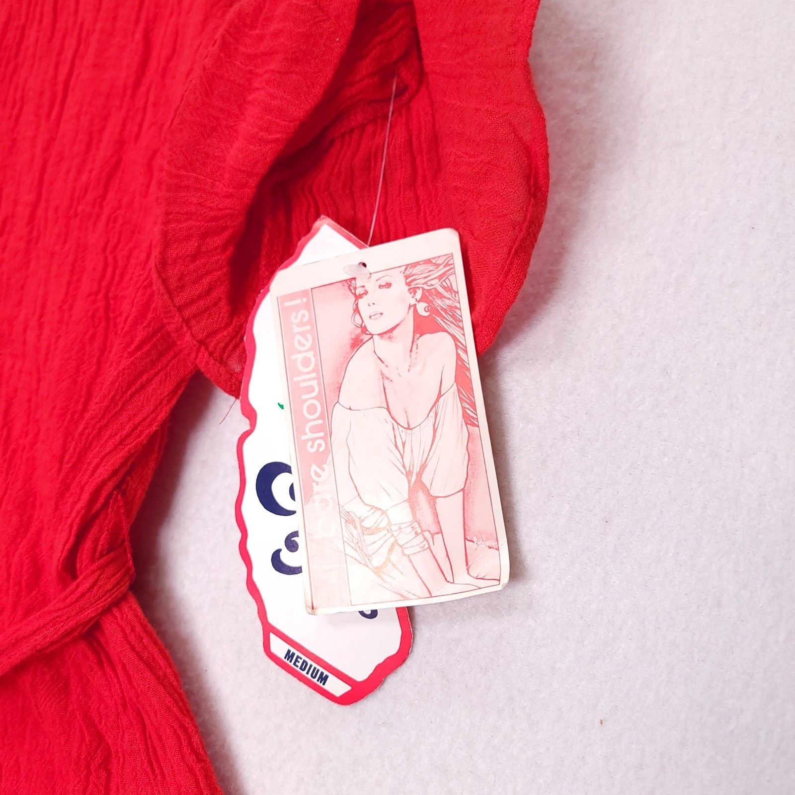 Vintage Cal Jogs Red Cold Shoulder Gauze Peplum Top Tie Waist Medium