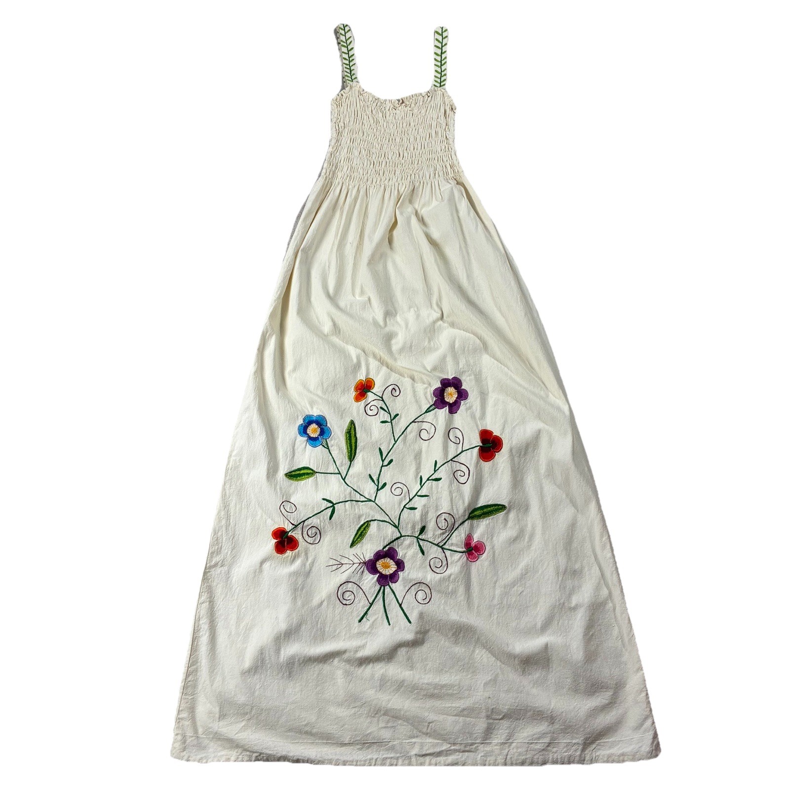 VTG de Jac Bol Cotton Floral Embroidered Smocked Sundress Maxi Ivory Womens S