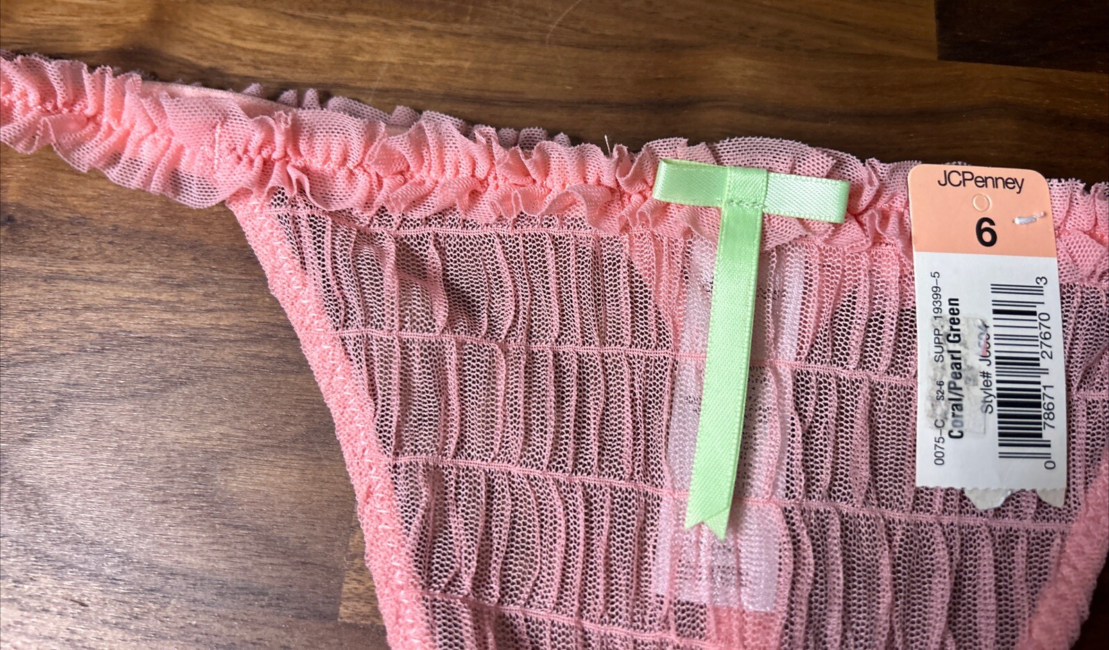 NWT Vtg Delicates Thong Chiffon Lace Frilly String Panties JCPenney Size 6 Pink