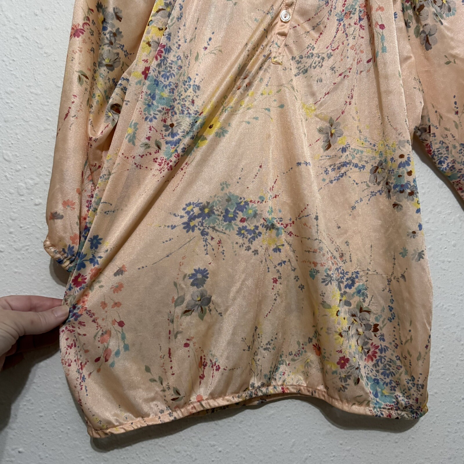Vintage 70s Peasant Blouse Nylon Peach floral size Small Disco Hippie