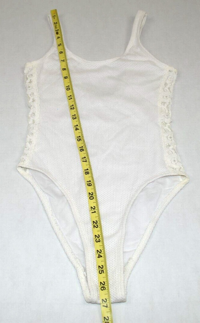 Vintage Swimsuit Leotard Size S/M 80s Krystal K White Textured Lace Side Stripes