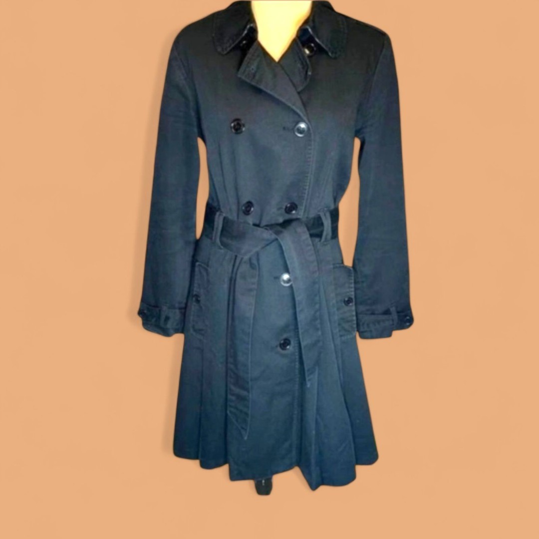 Vintage Ben Sherman Womens Black Cotton Double Breasted Trench Coat Large GT4007