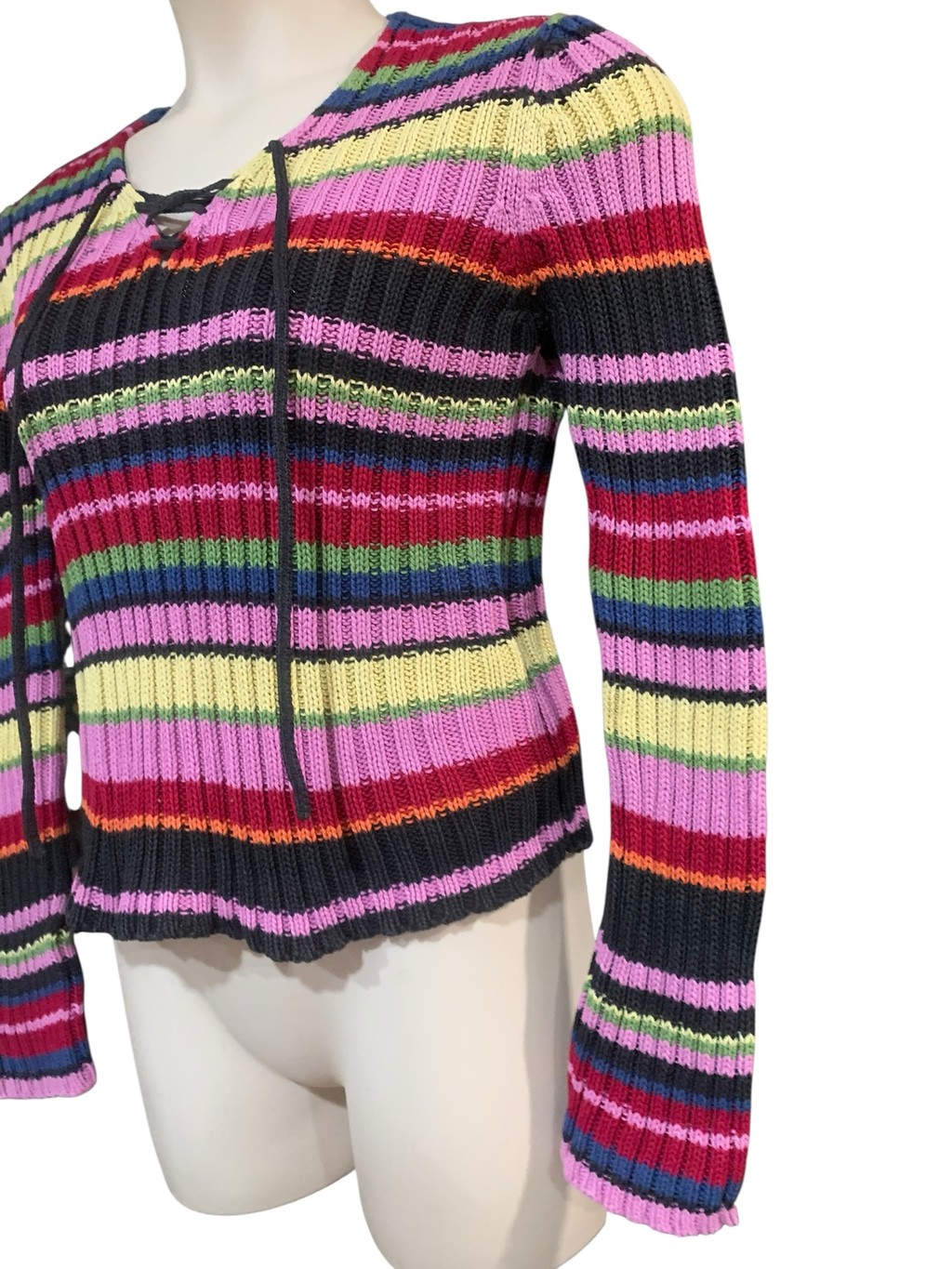 Vntg Y2K Women’s Next Era lace up Striped Knit Sweater, Size L Multi-color