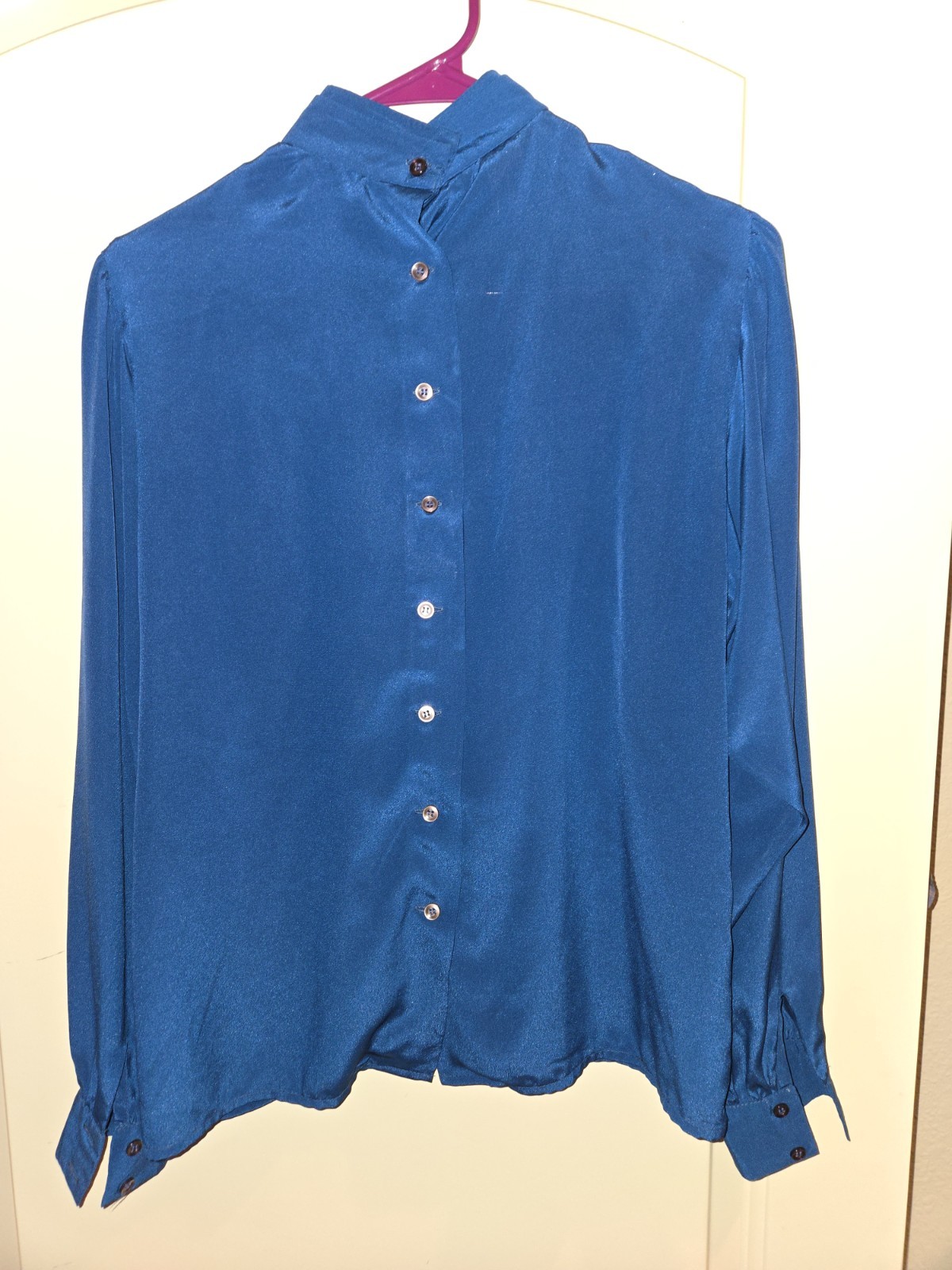 Howard Wolf Blouse Vintage Peacock Blue, Buttons Back, High Neck Double Collar