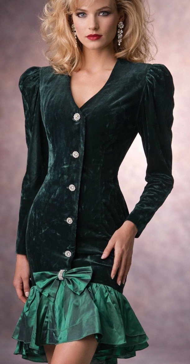 Vtg 80s En Francais Huey Waltzer Emerald Velvet Taffeta Dress Rhinestone Peplum
