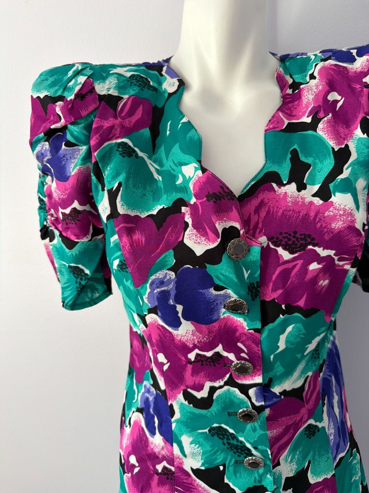 Vintage 90s All That Jazz Floral Dress Button Knee Length Career Cocktail Size 8