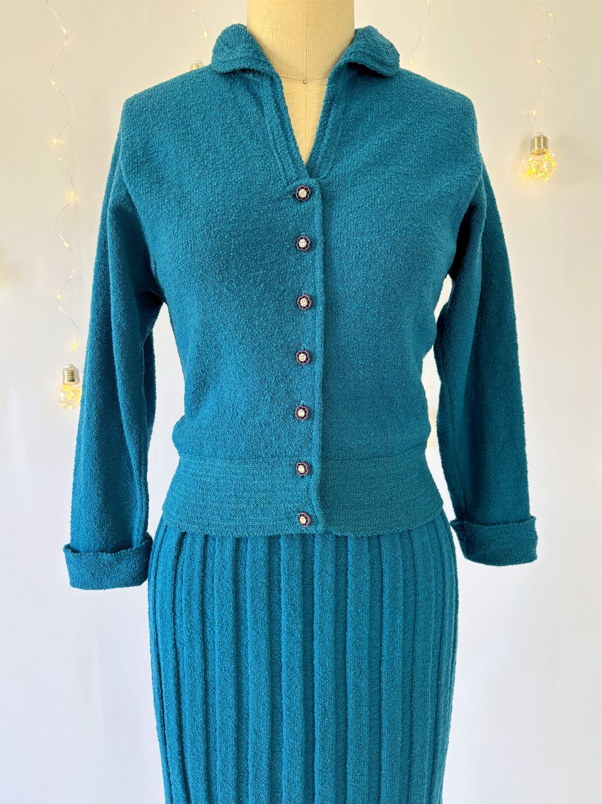 Vtg 40s 50s Knit Set Cardigan Sweater Skirt Teal Blue Chenille Wool Size S/M
