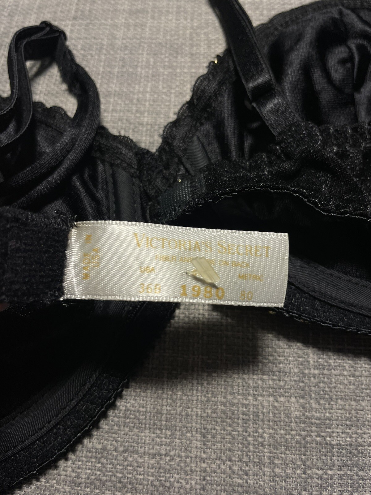 Victorias Secret Vintage Bra 36B Black Lace Gold Label Made In USA 1980s *Read*