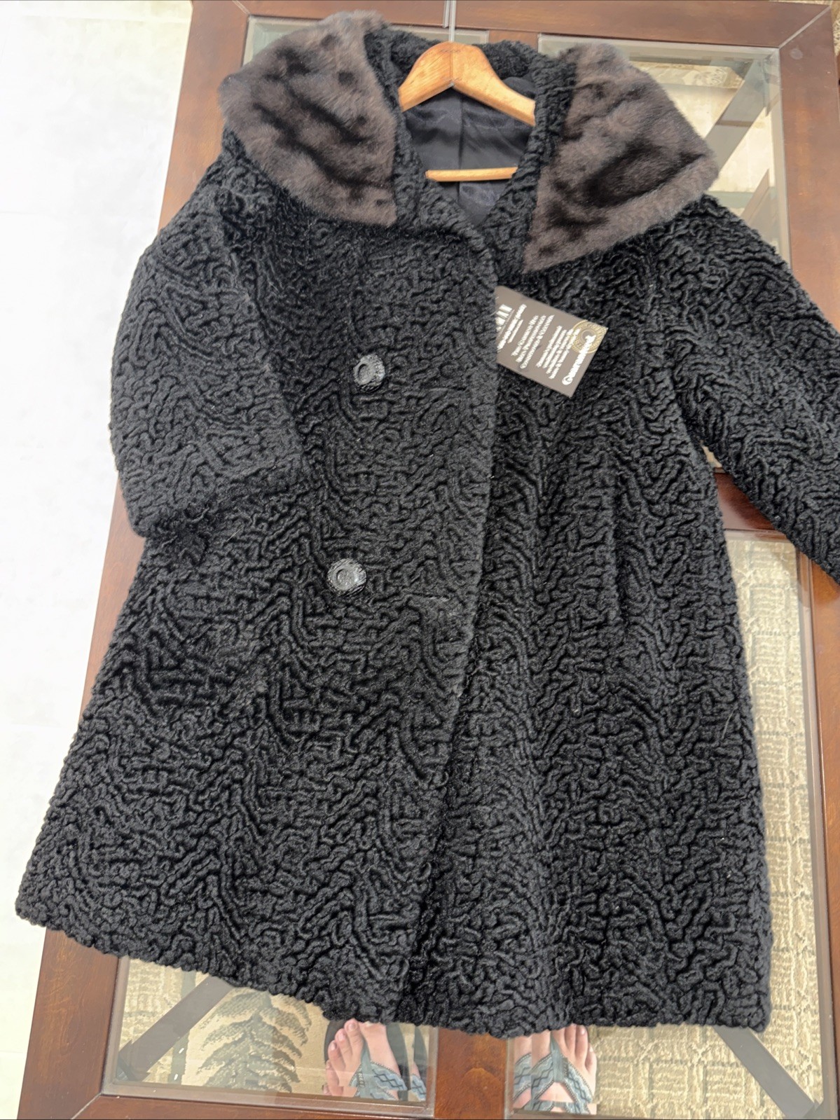 Vintage Ladies Black Faux Persian Lamb Fur Coat Jacket Mink Fur Collar Medium M