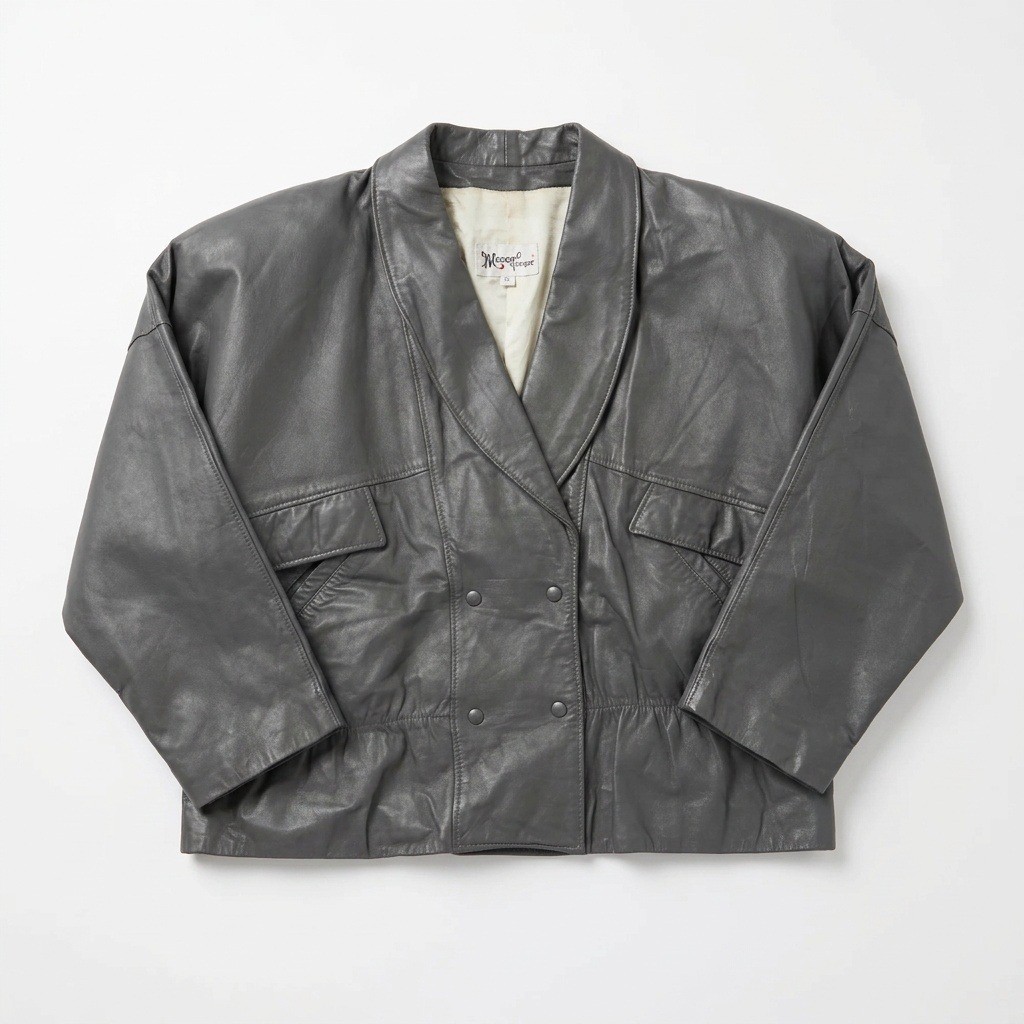 Musafemme Vintage 80s Grey Leather Jacket Womens 46 L Batwing Double Breasted