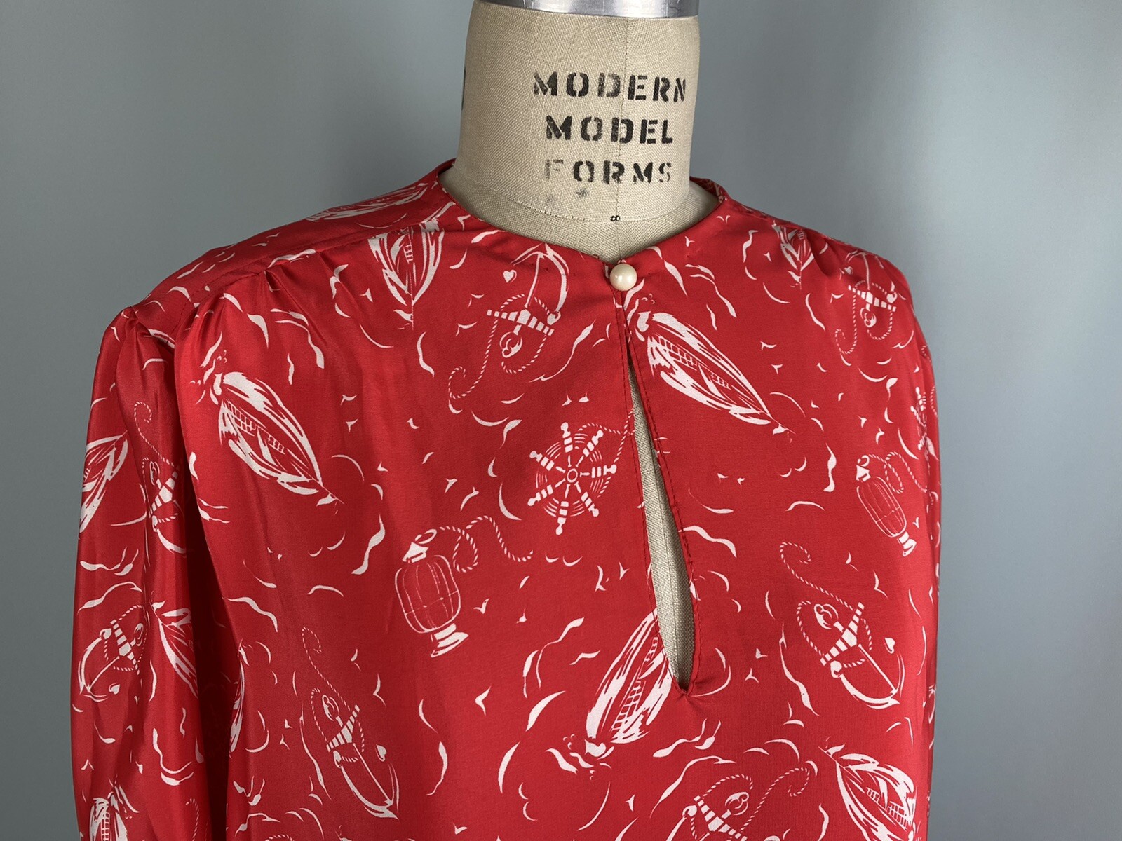 Handmade vintage blouse XL 52″ Bust EXTRA LARGE Nautical red white top tunic