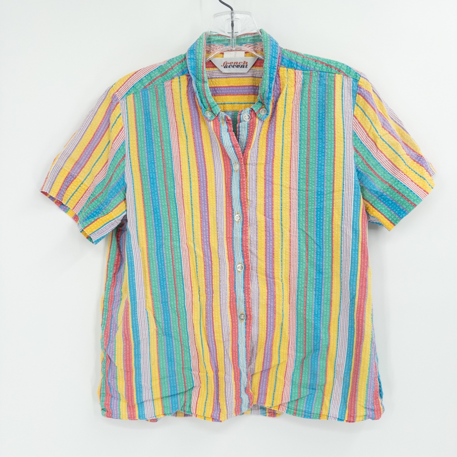 Vintage 90s Rainbow Top Womens XL Seersucker Striped Boxy Cropped Dopamine Color