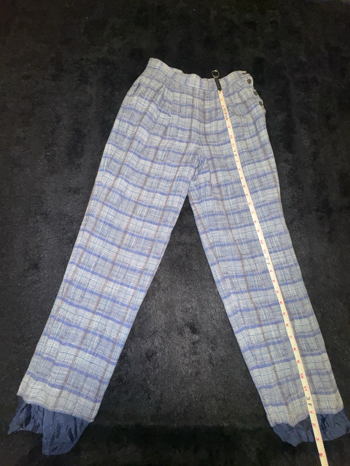 Vintage David Brooks Plaid High Waist Pants Sz 10 Side Button Pockets Ruffle Hem