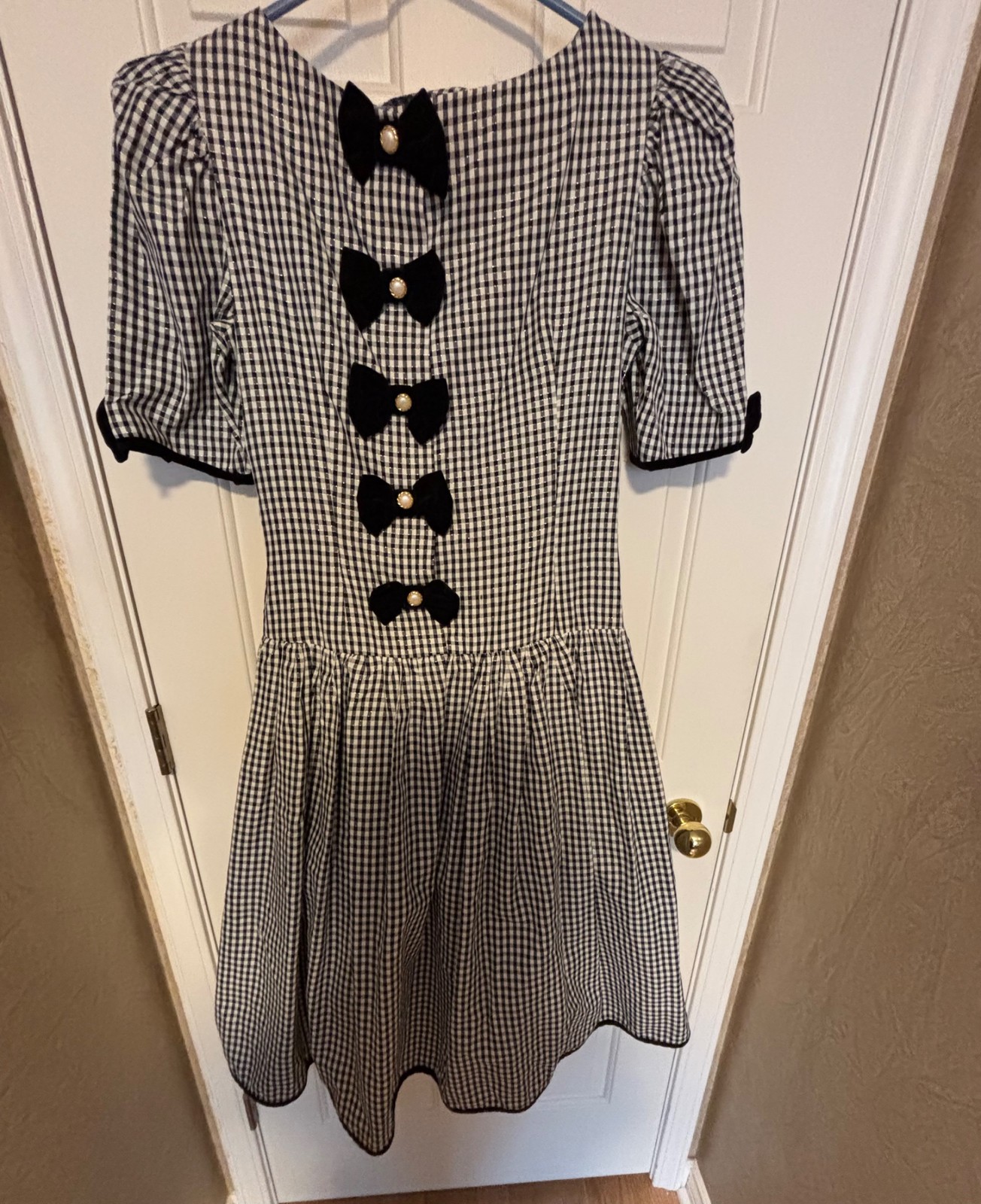 Vtg. Misty Lane Gingham Party Dress, Black Velvet Bows, 7/8