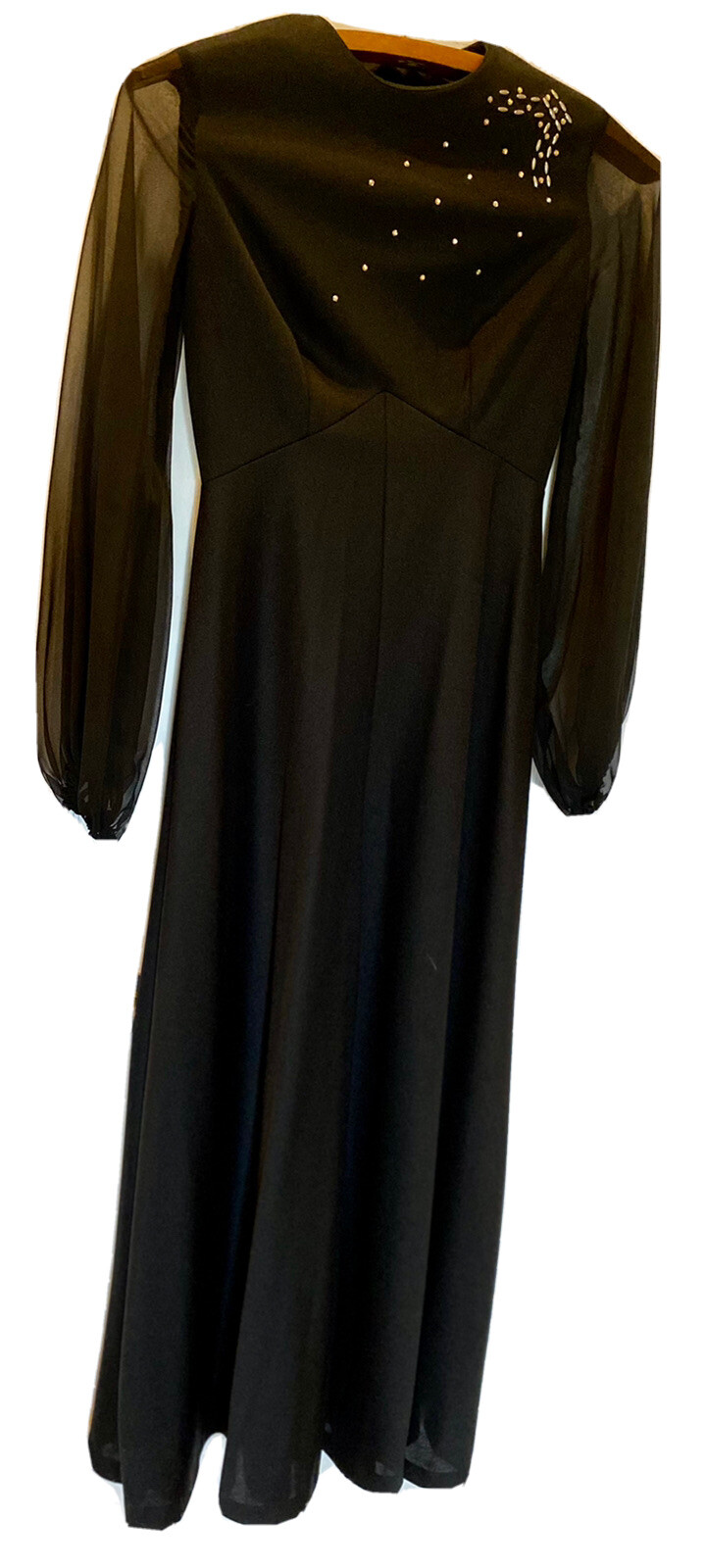 Vintage 1960s Maxi Dress Polyester Sheer ￼Long Sleeves BLACK Rhinestones Aldens