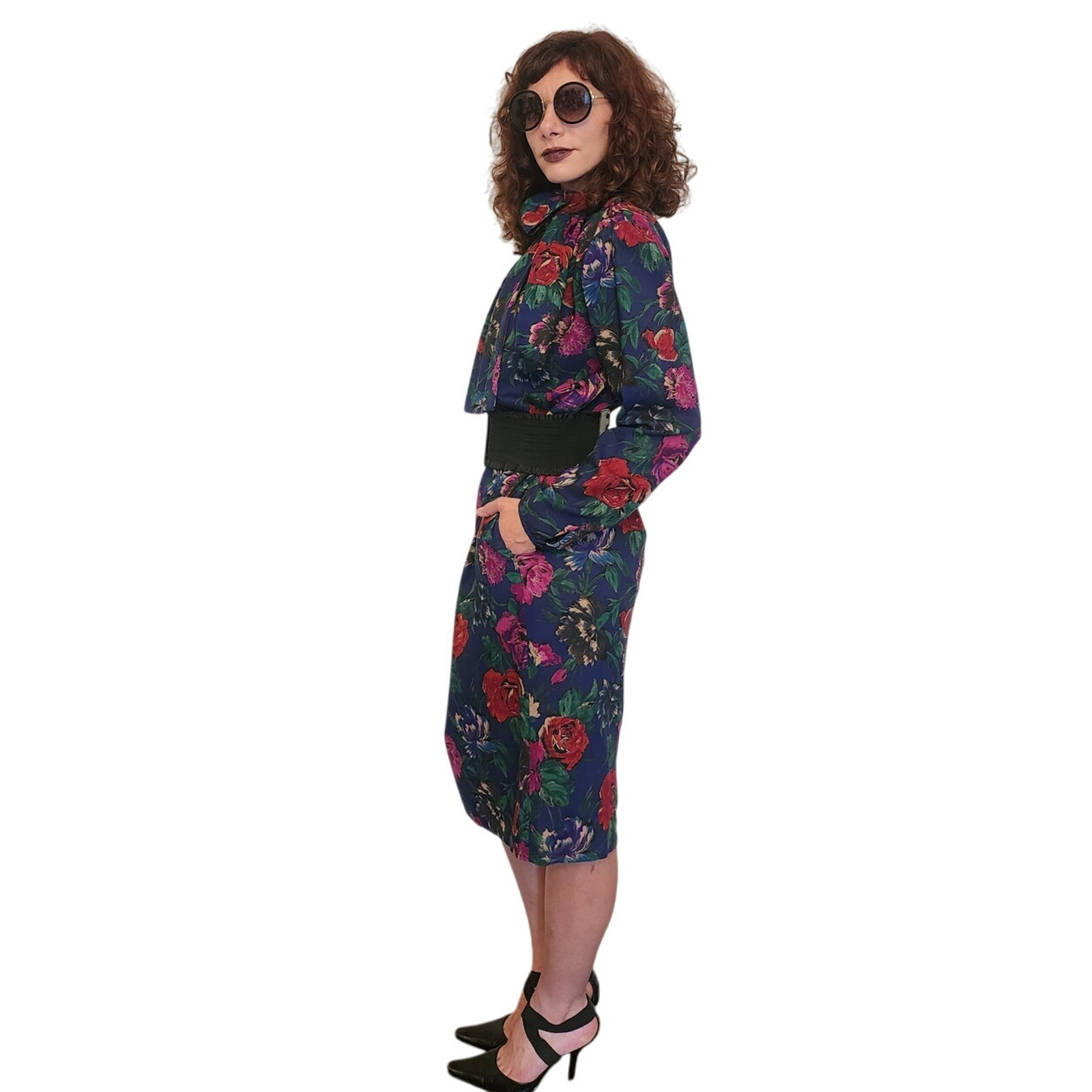 Vintage 80s UNGARO Sac Dress Dark Floral Print Wool w/Sash Necktie / M