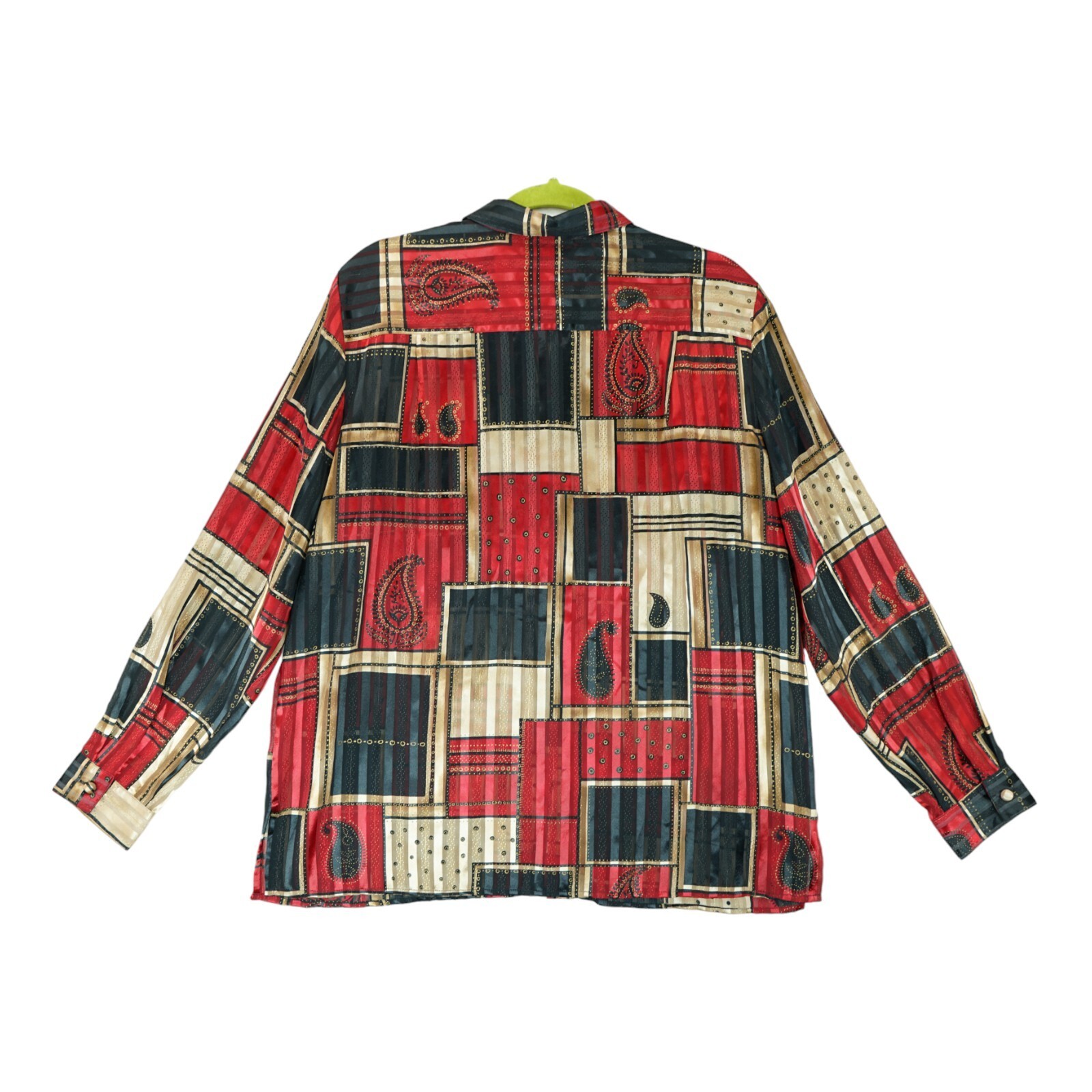 Vintage Dress Shirt Sz 16 Red Black Gold Satin Chiffon Shiny Long Sleeve Blouse