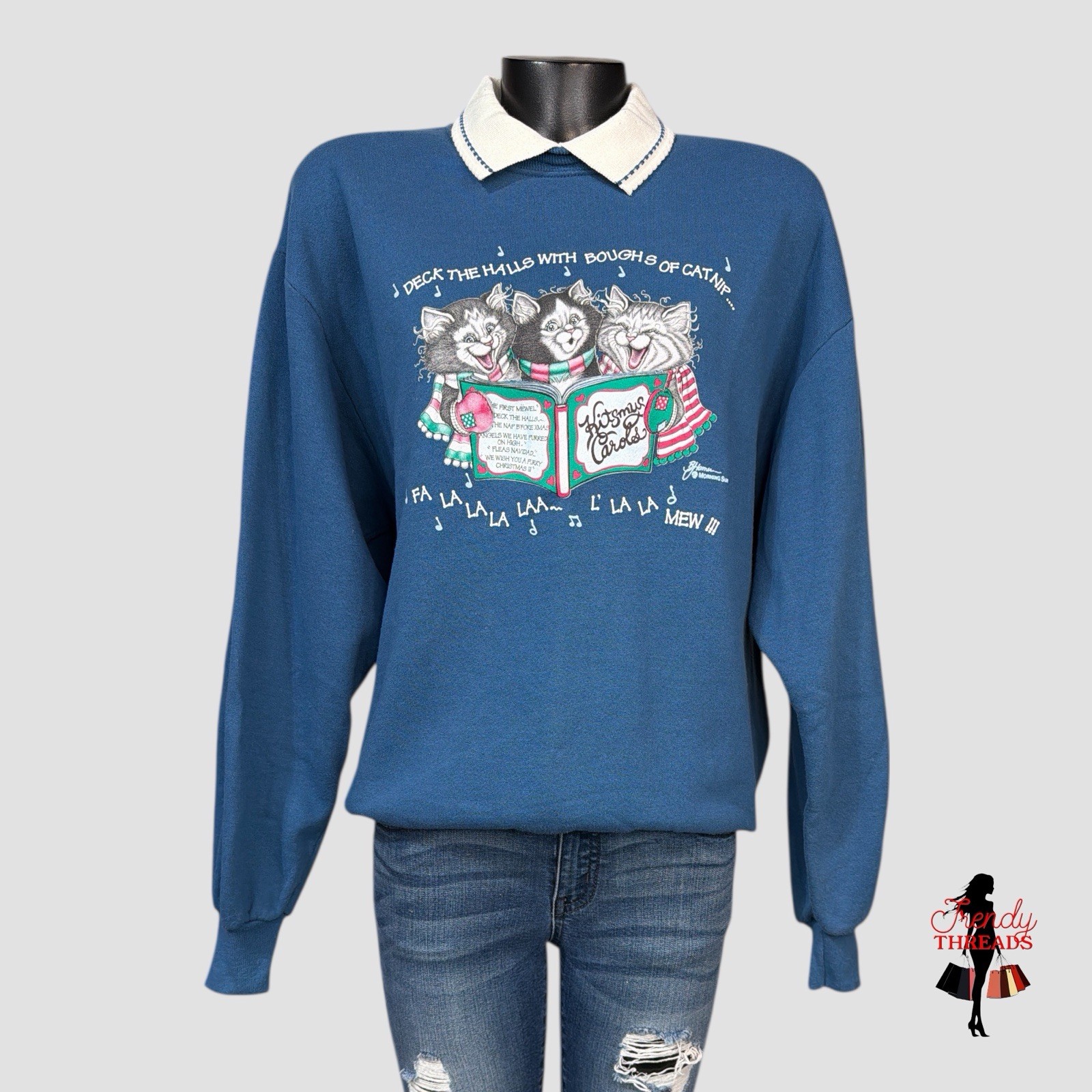 80s 90s VTG Kitty Cat Christmas Graphic Whimsical Sweater Sweat Shirt Grannycore