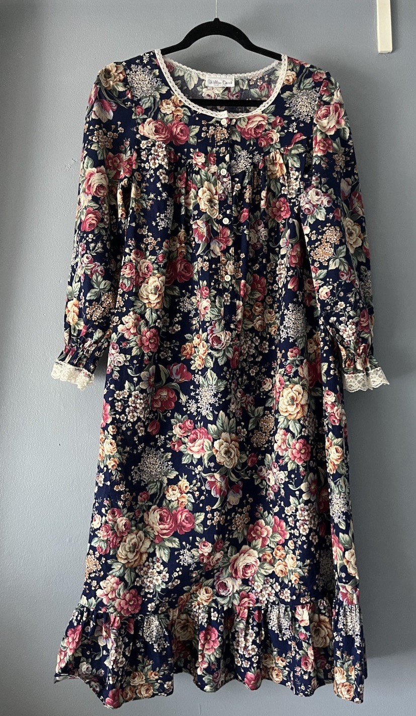 Vintage Prairie Dress Sz S Navy Blue Floral Laced Ruffled Willow Creek Cottage