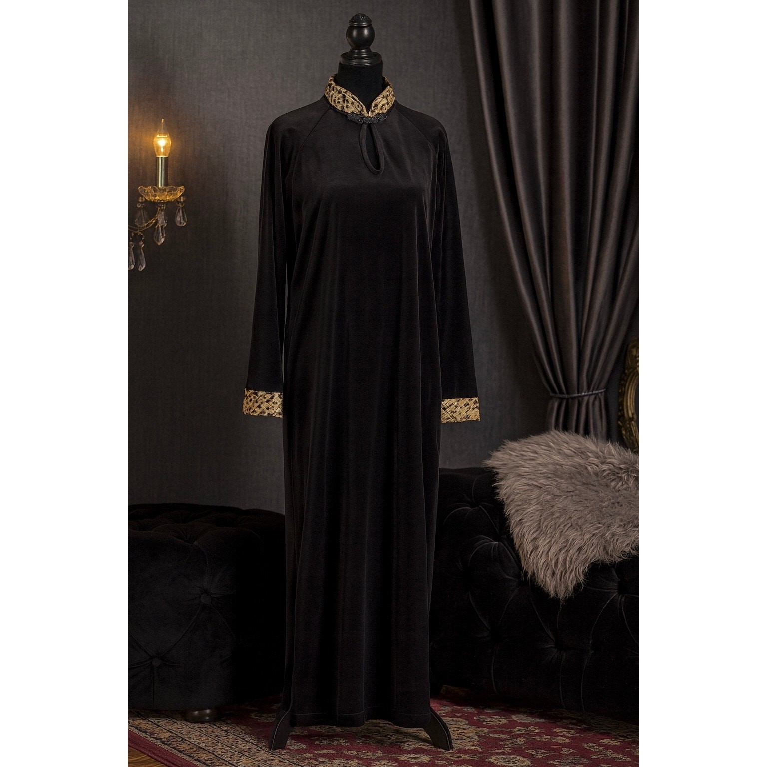 90s VTG Leopard Trim Velvet Nightgown – Medium Glam Matriarch Energy