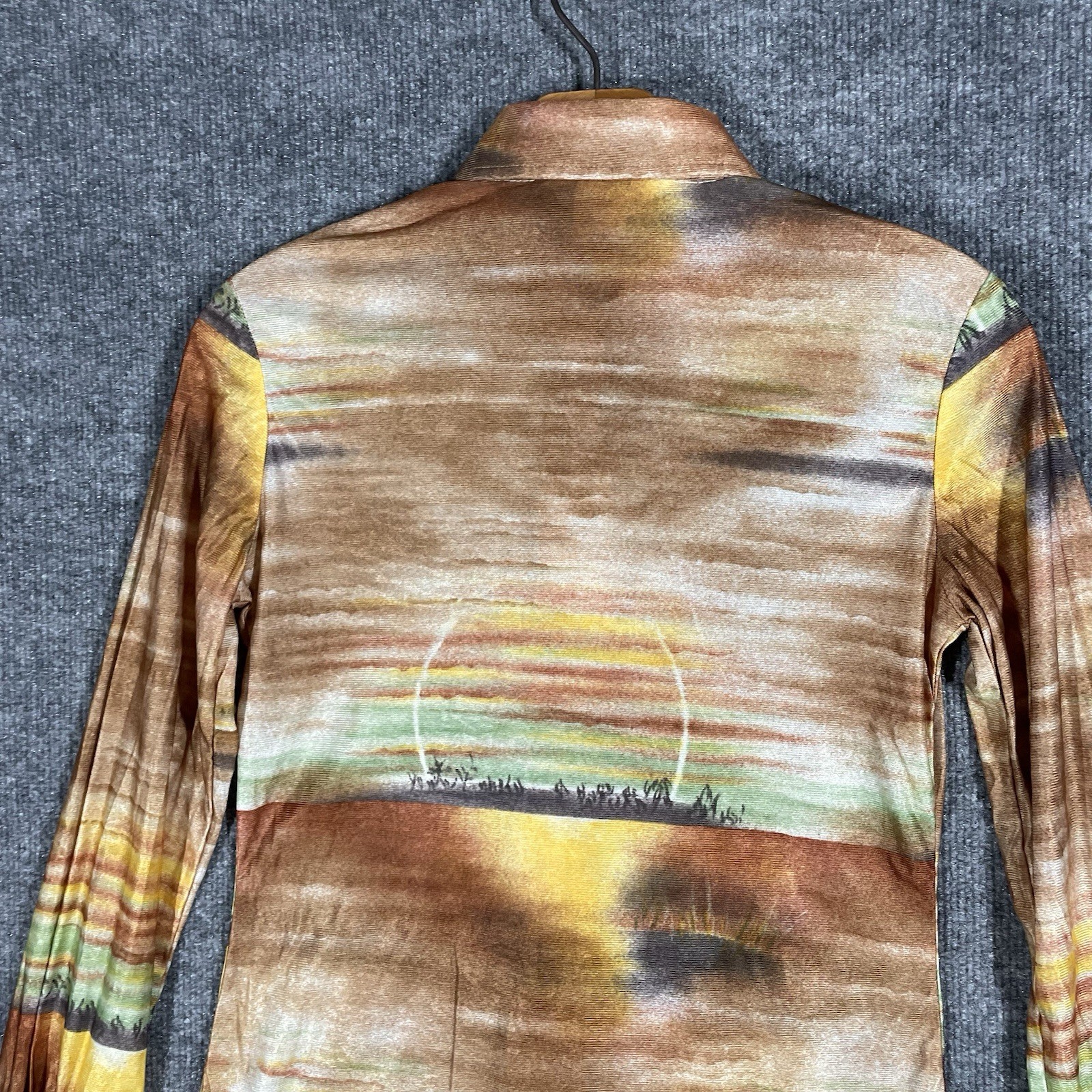 VINTAGE 70s Disco Shirt Womens S Floral Hippie Nik Nik Photo Landscape Dagger
