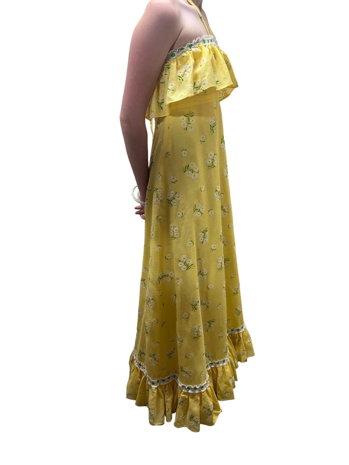 Sz XS Vtg 60s 70s Halter Maxi Dress Yellow Daisy Swiss Dot Festival Hippie Boho