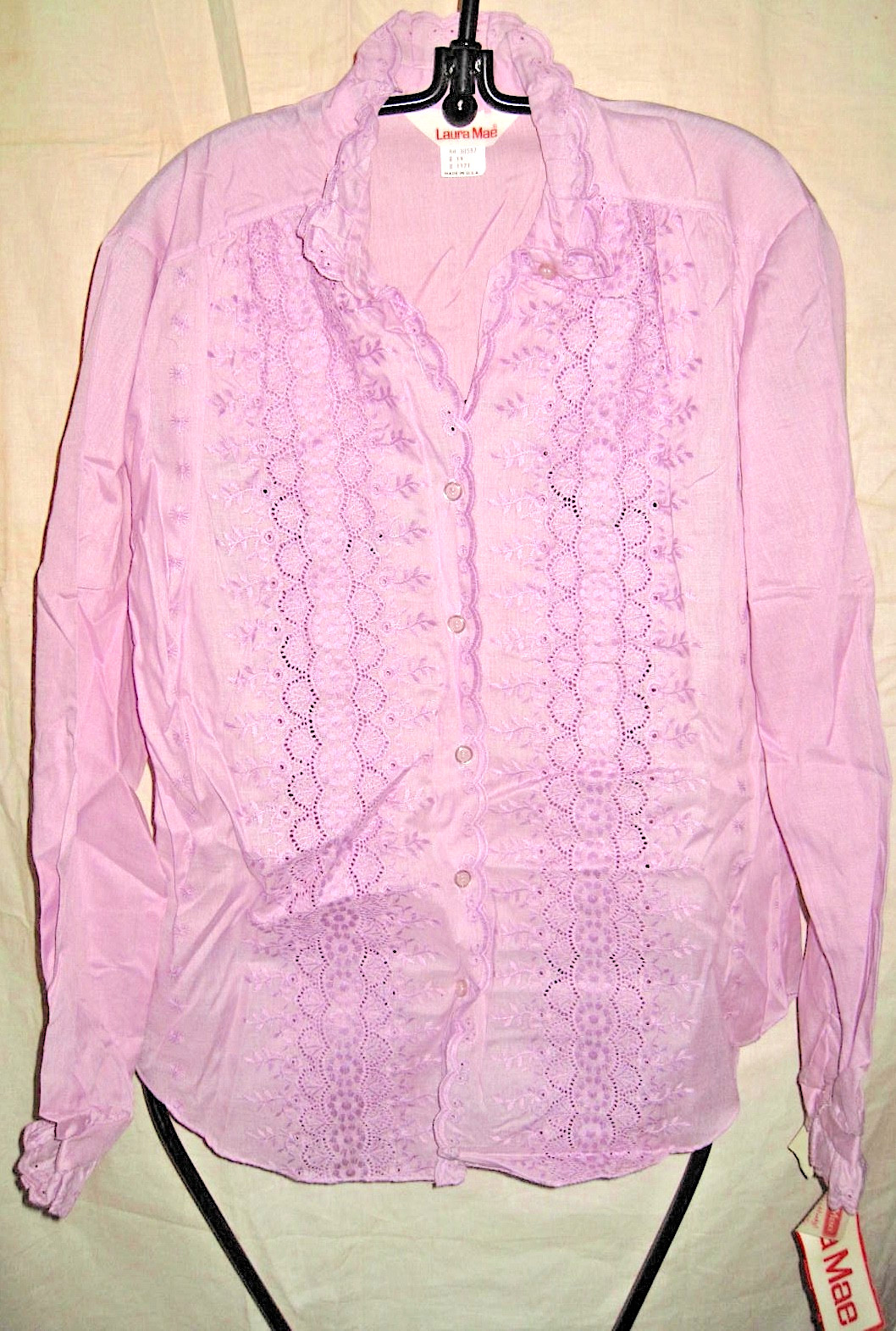 Vtg 60s Laura Mae Eyelet Lace Blouse Embroidered Ruffle Deadstock Womens 14
