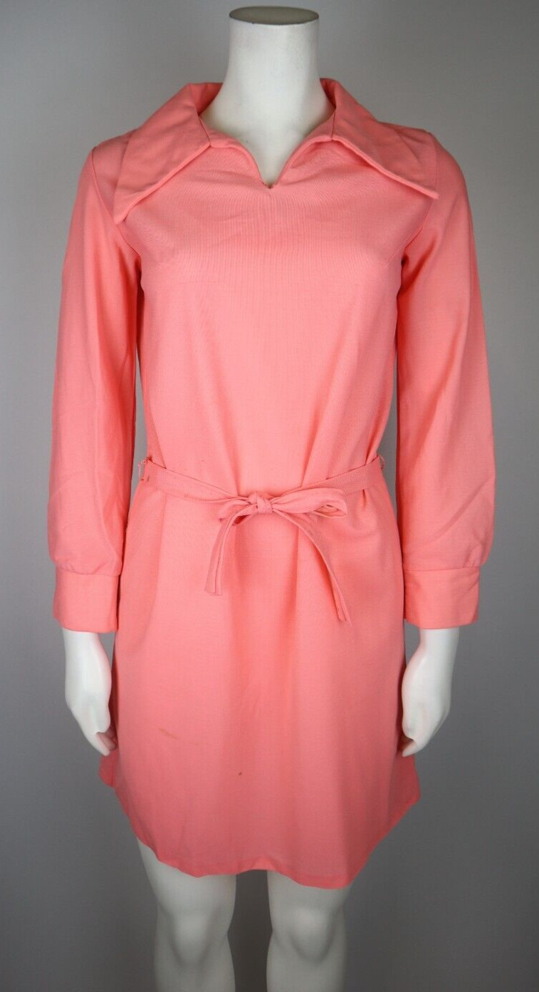 Vintage 1970s 70s Women’s Coral Orange Pink Dress with Belt – Size S