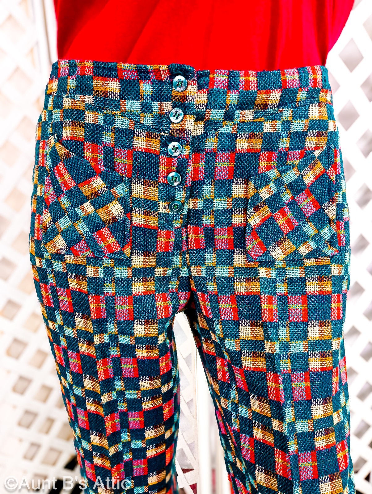 Vtg 60s-70s Raisa Ladies Multi Color Woven Acrylic Plaid Hip Hugger Pants VTG 16