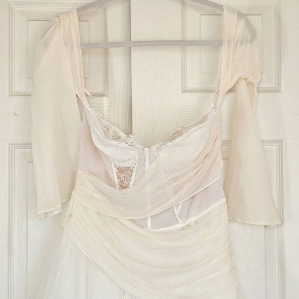 For Love & Lemons Eve Ivory Lace Corset High-Low Tulle Gown Sz Large Wedding