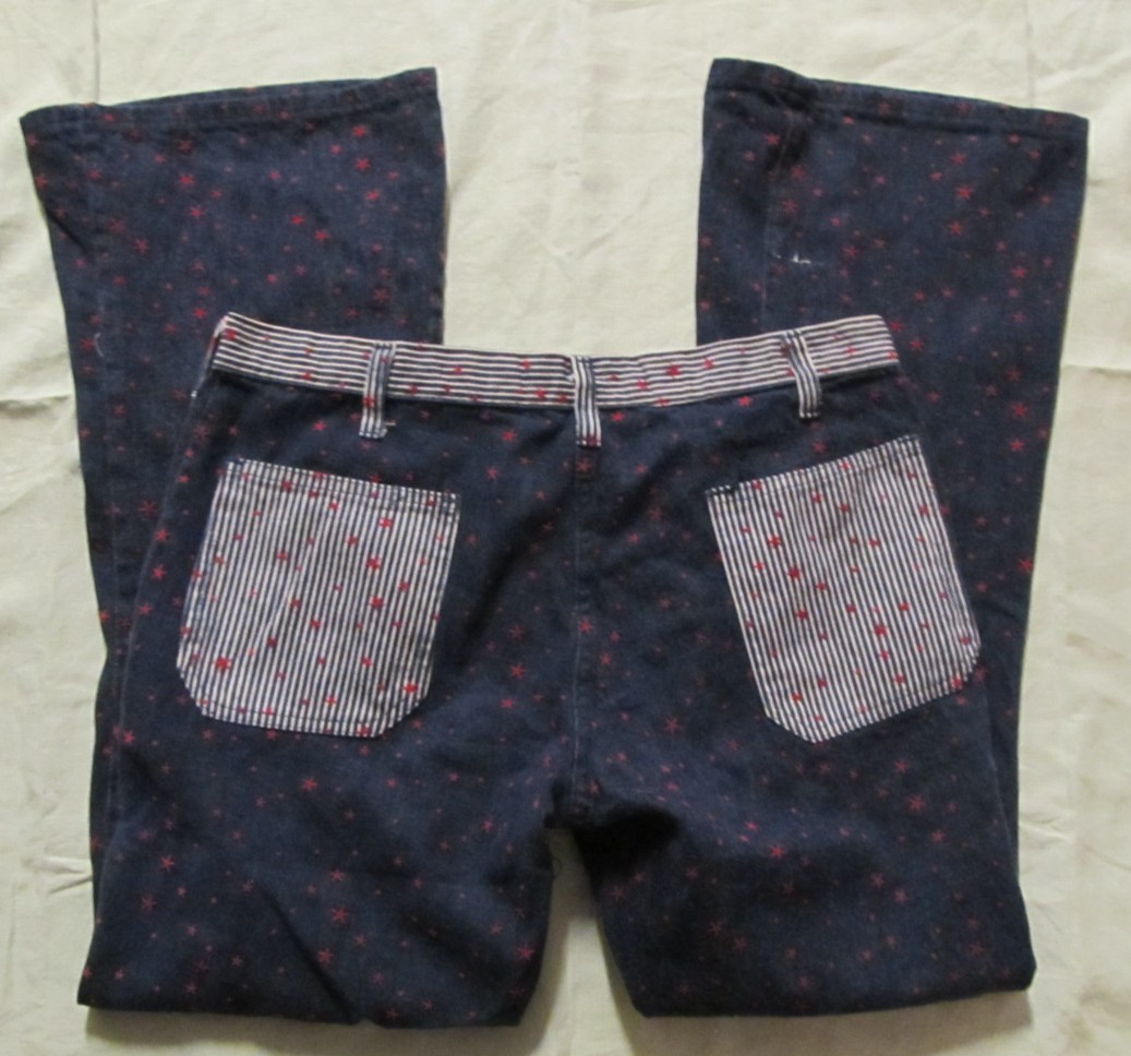 Vintage 1960’s denim with red stars & sailor button fly hip-hugger jeans/ pants