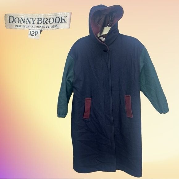 Vintage DONNYBROOK Navy Blue Green & Red Color Block Wool Hooded Trench Coat 12P