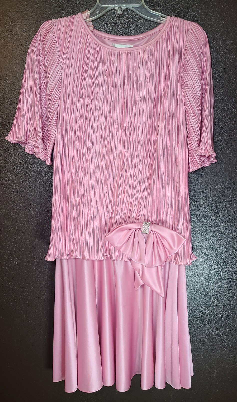 VINTAGE 80s AFTER DARK Pink SZ 7/8 Evening Satin Crepe Dress Bow Rhinestone