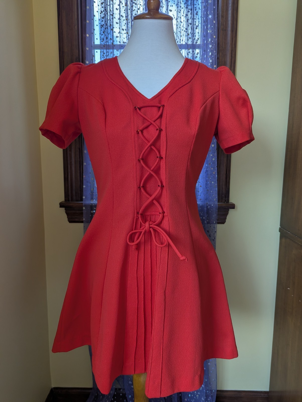 Vintage 70’s Lace Up Polyester Puff Sleeve Babydoll Mini Red Dress Size Small