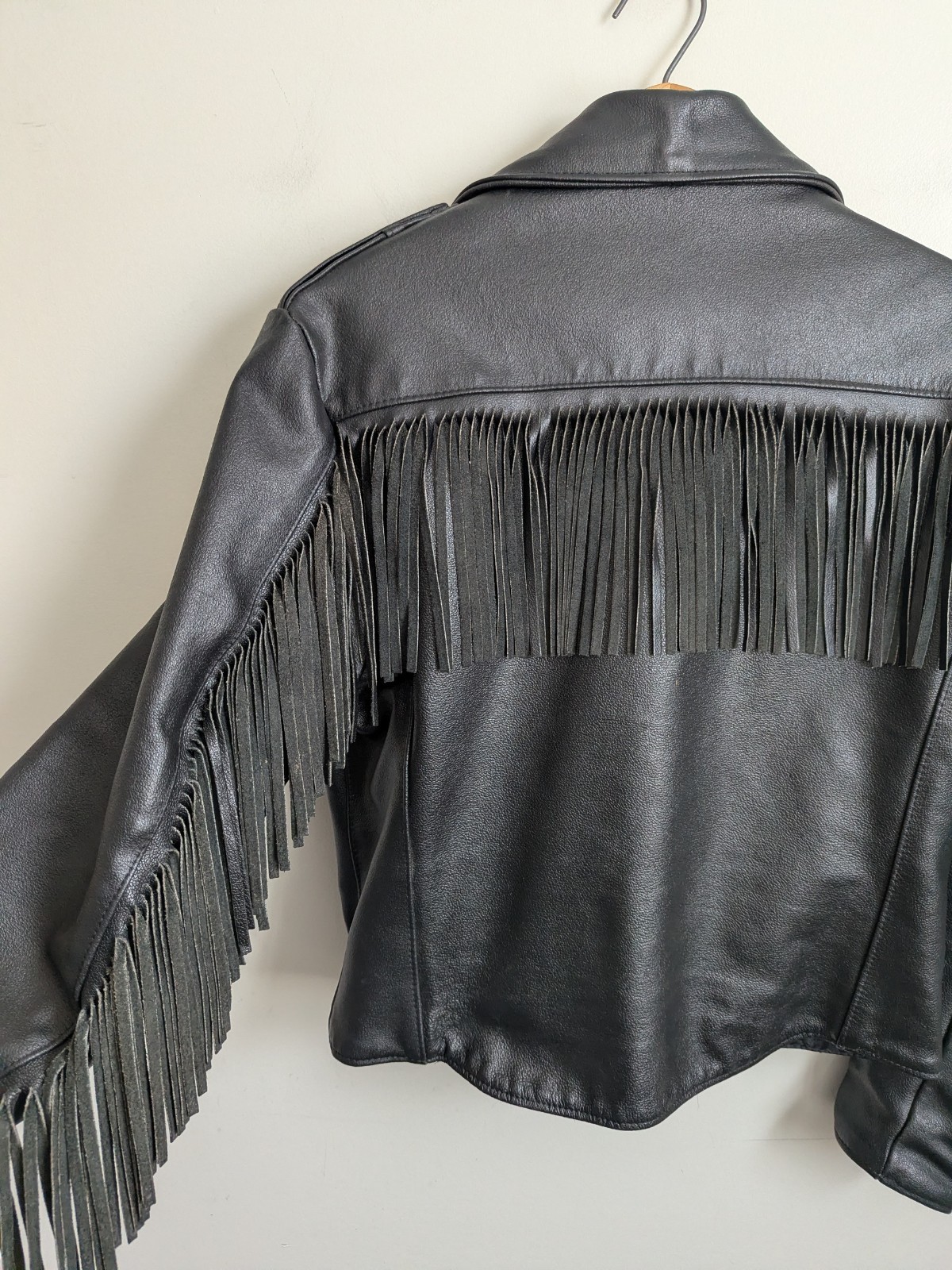Vintage 60s Sears Black Leather Biker Moto Jacket Belted Fringe Womens S M Punk
