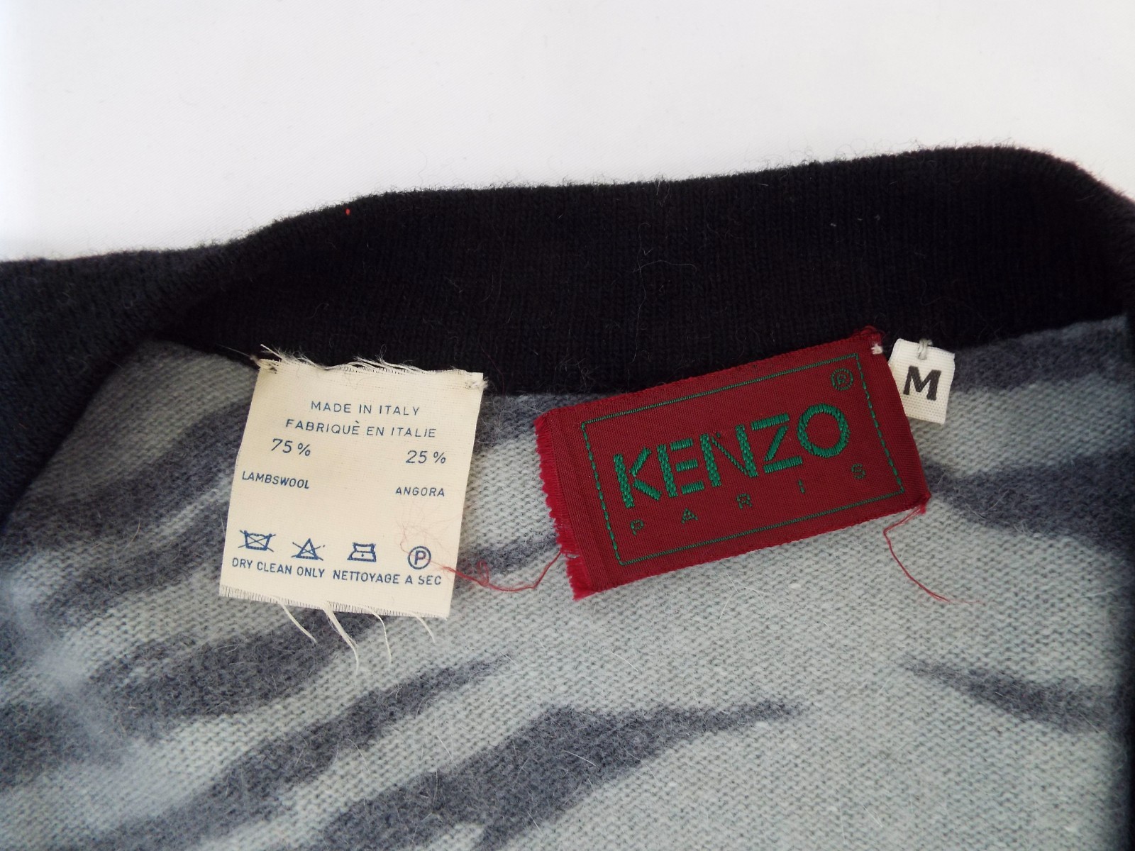 Vintage 1980s KENZO Sweater & Skirt Lambswool Angora Gray Animal Print Blue