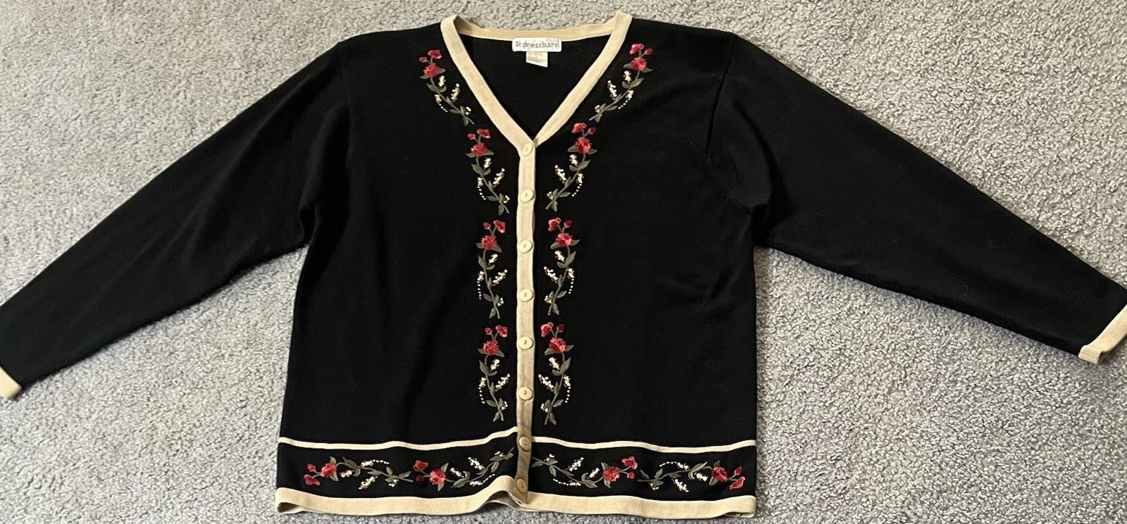 Vtg 70s Dressbarn Button Up Cardigan Sz L Black Red Floral Embroidery Hong Kong