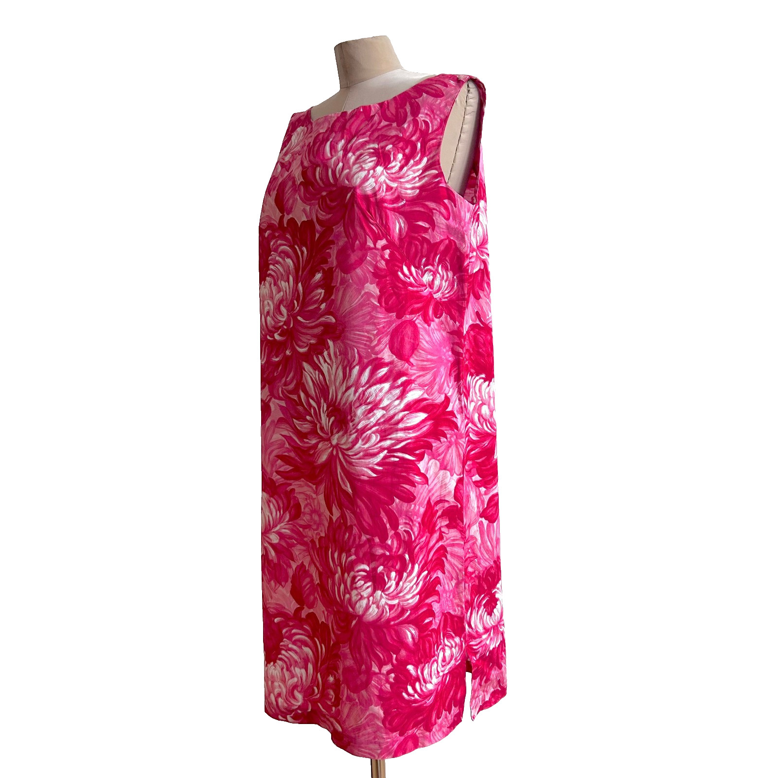 Vintage 1960s Peony Print Pink Hawaiian Vibe Floral Shift Summer Dress sz M L